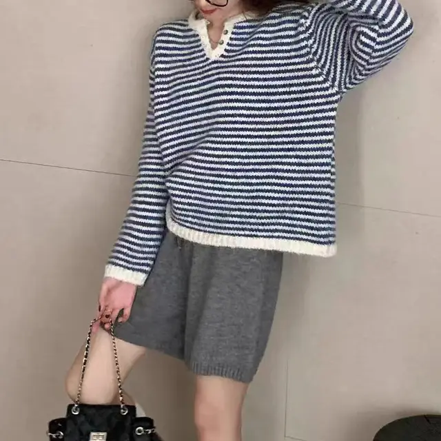 Retro Loose Soft Glutinous Striped Sweater For Women Blue - Shop at LoveMi