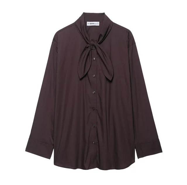 Women's Solid Color Temperament Long Sleeve Scarf Poplin Shirt Brown - Shop at LoveMi