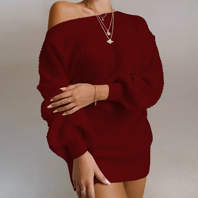 Women's Solid Color Casual Off the shoulder Lantern Sleeve Knitted Sweater Dress Wine Red - Shop at LoveMi