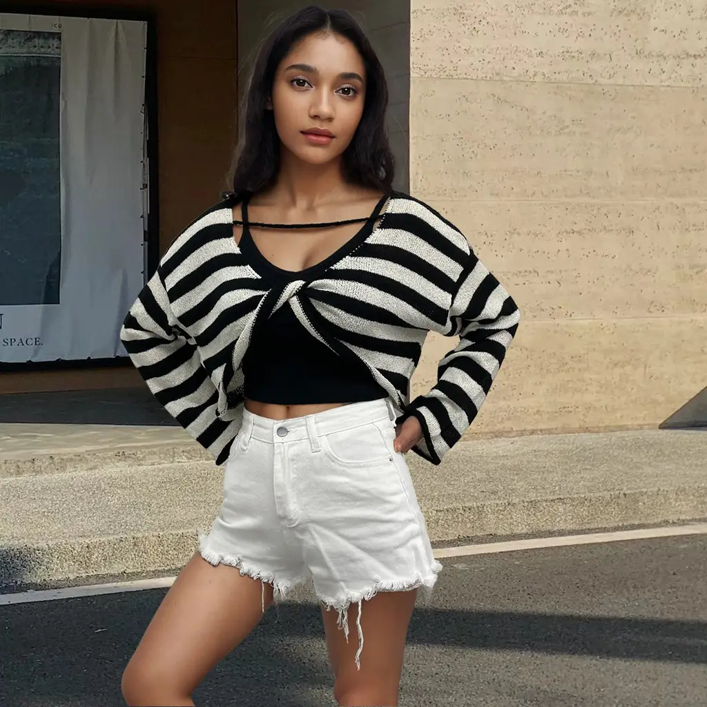 Front And Back Wearable Striped Long-sleeved Sweater - Black