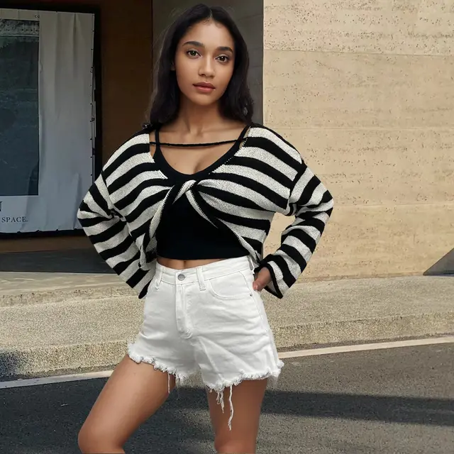 Front And Back Wearable Striped Long sleeved Sweater Black - Shop at LoveMi