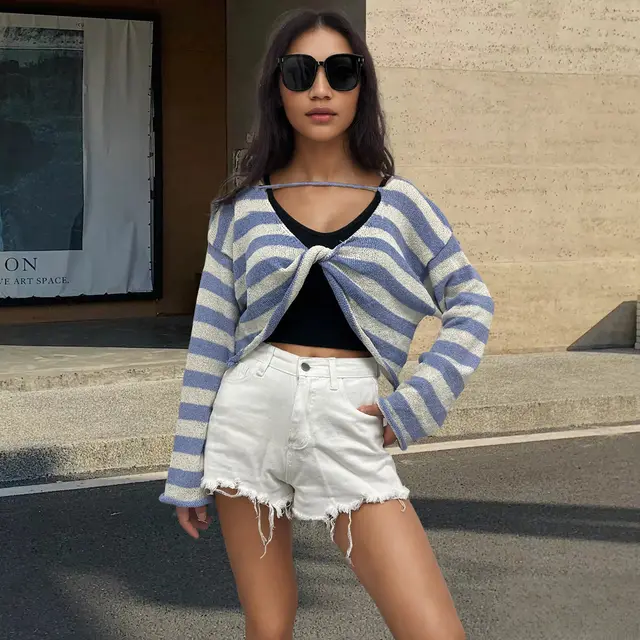 Front And Back Wearable Striped Long sleeved Sweater Blue - Shop at LoveMi