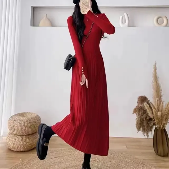 Match With Coat Mid length Below The Knees Waist Trimming Base Knitting Woolen Skirt Red - Shop at LoveMi