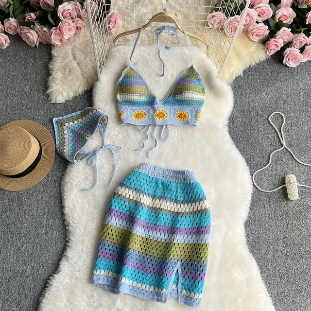 Seaside Vacation Beach Suit Hot Girl Halter Spaghetti Straps Vest Multicolor Cutout Knitted Skirt Blue - Shop at LoveMi