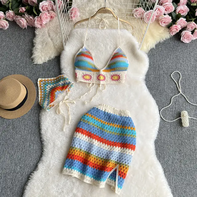 Seaside Vacation Beach Suit Hot Girl Halter Spaghetti Straps Vest Multicolor Cutout Knitted Skirt Orange Red - Shop at LoveMi