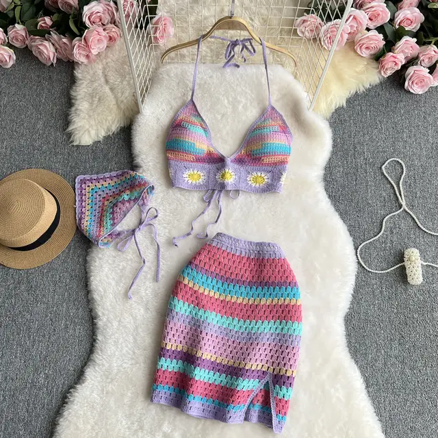 Seaside Vacation Beach Suit Hot Girl Halter Spaghetti Straps Vest Multicolor Cutout Knitted Skirt Purple - Shop at LoveMi