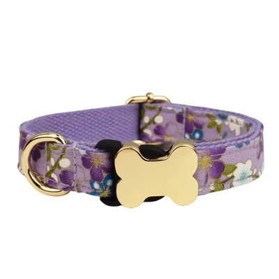 Flat Fabric Printed Grid Series Bone Buckle Dog Collar Purple - Shop at LoveMi