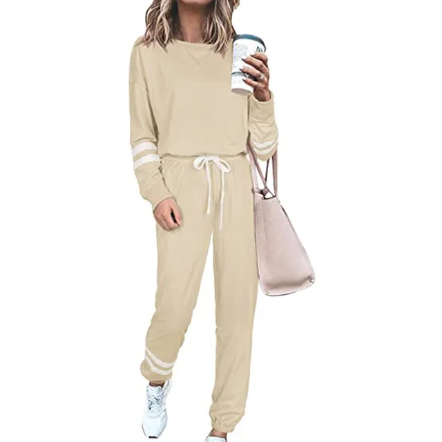 Women's Clothing Plus Size Loose fitting Solid Color Long Sleeves Casual Suit Apricot - Shop at LoveMi