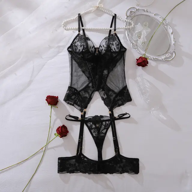 Gem Decoration Heavy Craft Rose Embroidered Slim Shaping Underwear Split Suit Black Jumpsuit No Sequin - Shop at LoveMi