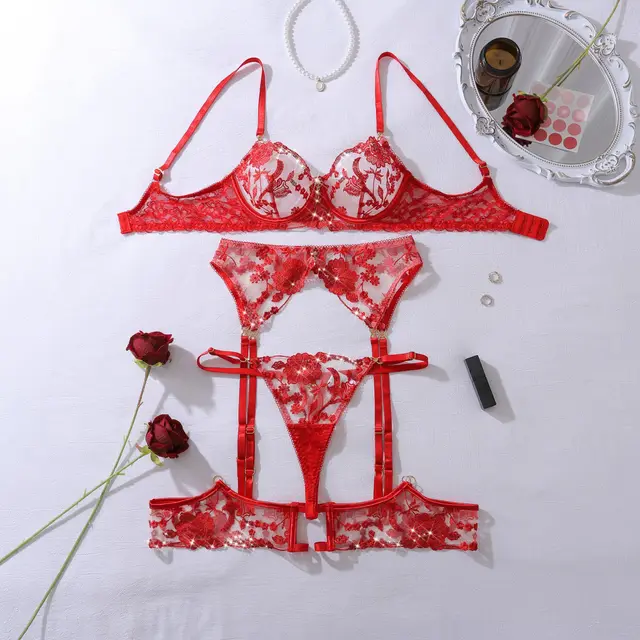 Gem Decoration Heavy Craft Rose Embroidered Slim Shaping Underwear Split Suit Red Ribbon Sequin - Shop at LoveMi