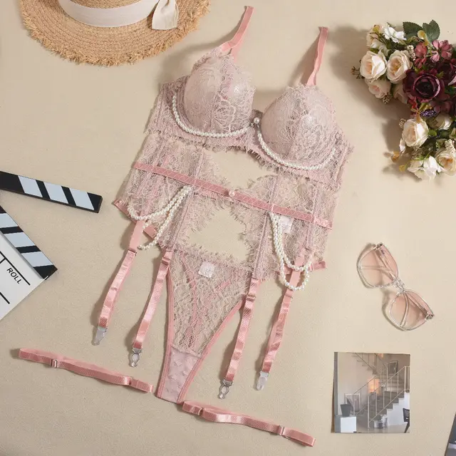 Lace Fishbone Pearl Decorative Sexy Lingerie 4 piece Set For Women Light Pink - Shop at LoveMi
