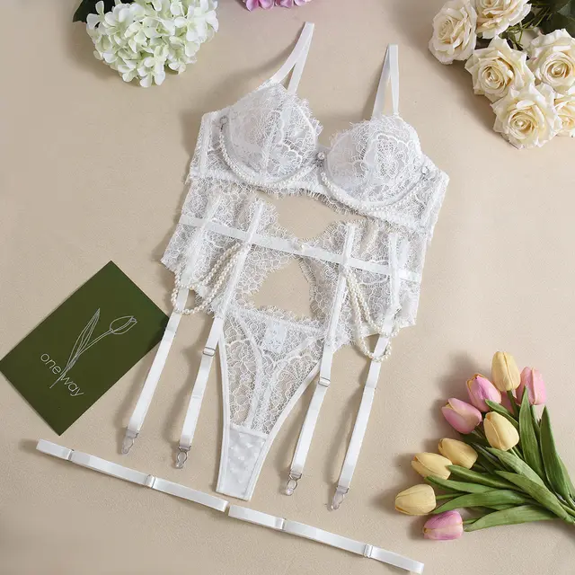 Lace Fishbone Pearl Decorative Sexy Lingerie 4 piece Set For Women White - Shop at LoveMi
