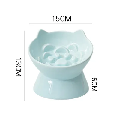 Ceramic Slow Feeding Bowl Cat And Dog Food Bowl Pet Cat Ear Relief Bowl Oblique Mouth Baby Blue - Shop at LoveMi