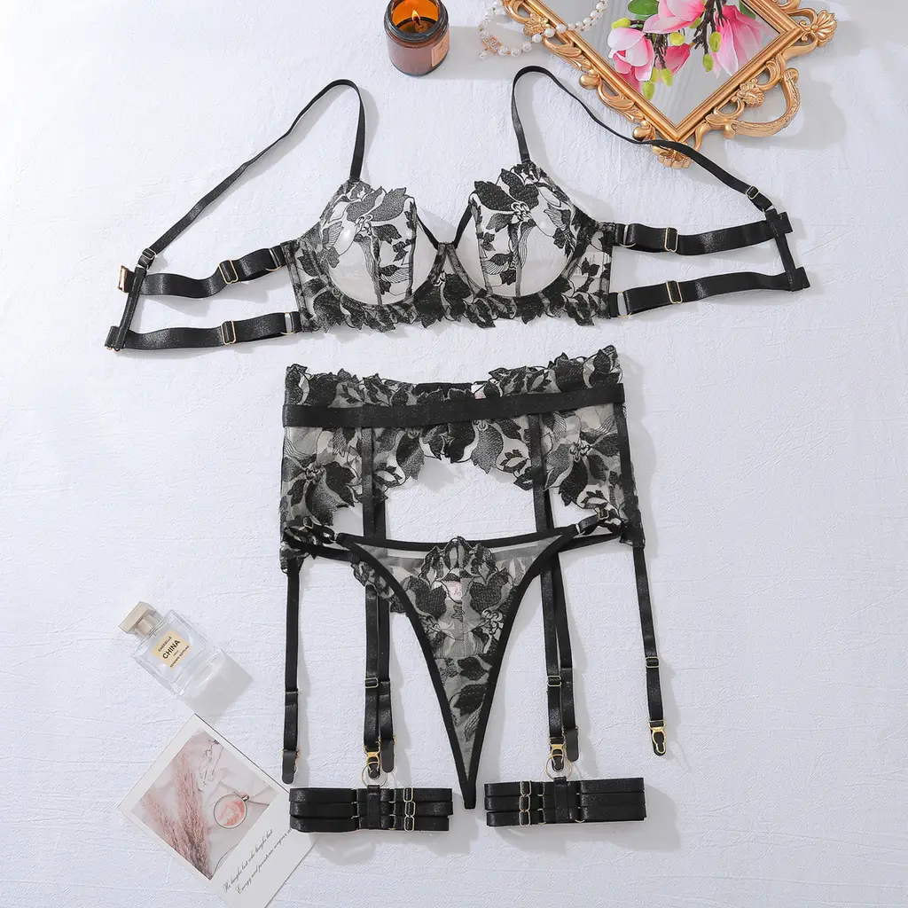 Hollow Underwear Underwear Four-piece Ultra-thin Mesh See-through Suit - Black Skin Color - View 1