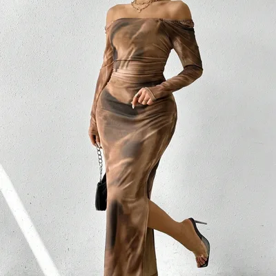 Printed Pleated Sexy Tight Split Square Collar Dress Camel Khaki - Shop at LoveMi