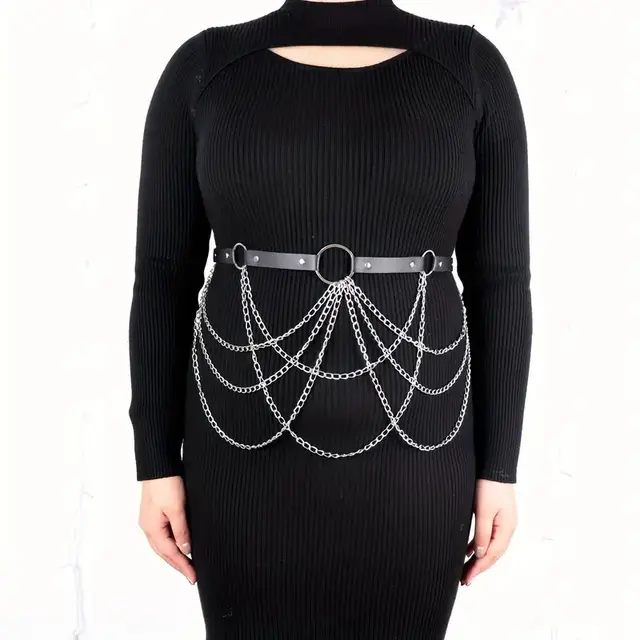 Black Leather Strap Fashion All match Chain Tassels Waist Chain Black - Shop at LoveMi