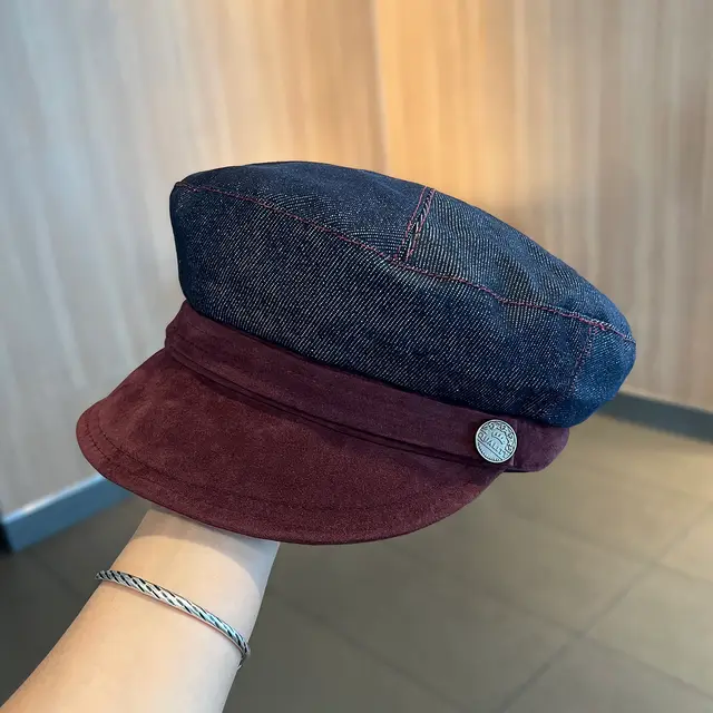 British Retro Octagonal Hat Fashionable Elegant Face looking Newsboy Hat Dark Blue Purplish Red Brim - Shop at LoveMi