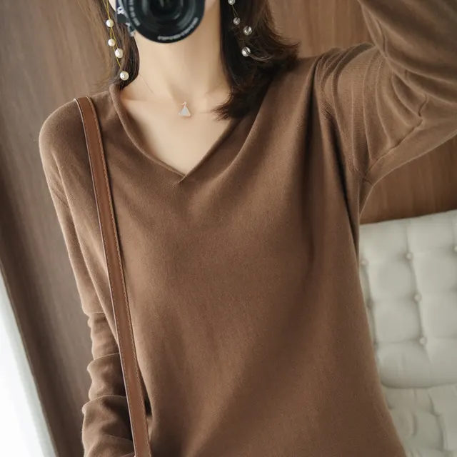 V neck Long Sleeve Women's Knitwear Top Coffee - Shop at LoveMi