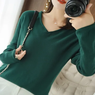 V neck Long Sleeve Women's Knitwear Top Dark Green - Shop at LoveMi
