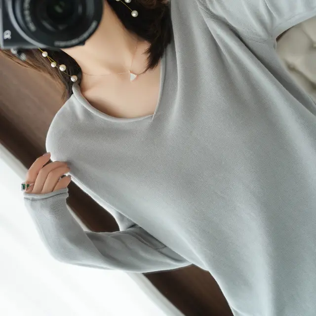 V neck Long Sleeve Women's Knitwear Top Gray - Shop at LoveMi