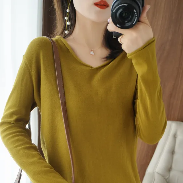 V neck Long Sleeve Women's Knitwear Top Turmeric - Shop at LoveMi