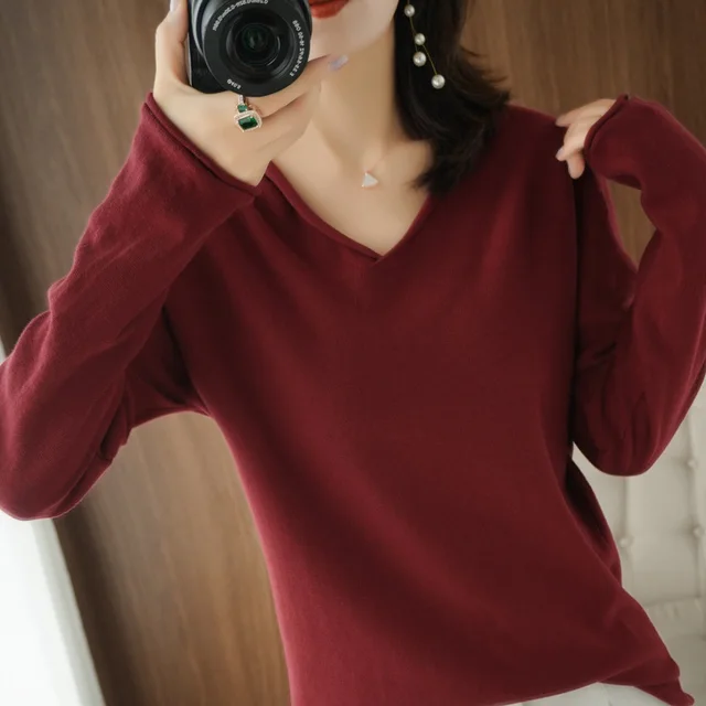 V neck Long Sleeve Women's Knitwear Top Wine Red - Shop at LoveMi