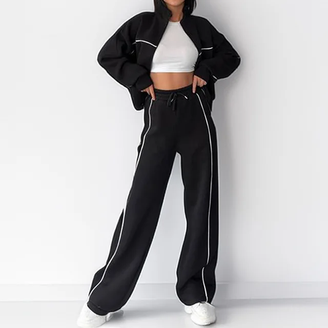 Casual Suit Long Sleeve Mock Neck Hoodie Lace up Striped Trousers Black - Shop at LoveMi