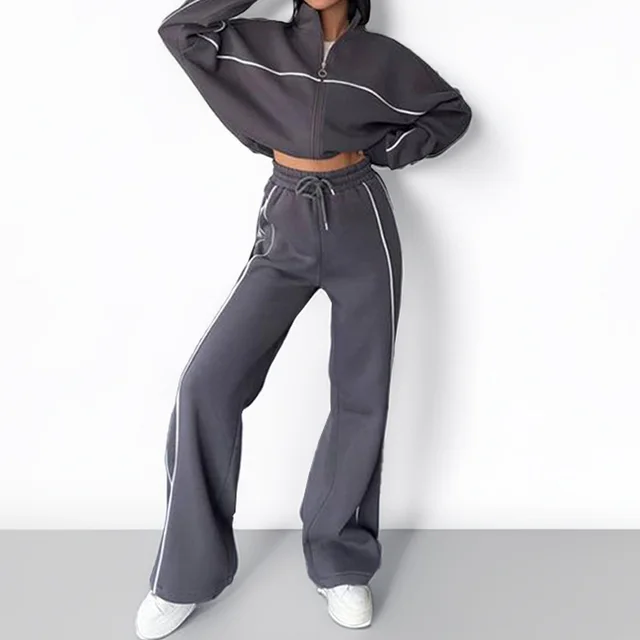 Casual Suit Long Sleeve Mock Neck Hoodie Lace up Striped Trousers Dark Gray - Shop at LoveMi