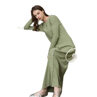 Fresh Solid Color Round neck Long sleeved Dress Women's Clothing Spring New Personality Green - Shop at LoveMi