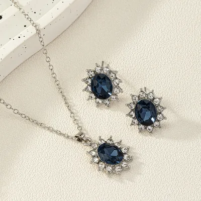 European And American Fashion SUNFLOWER Zircon Ear Stud Necklace Suit Blue - Shop at LoveMi