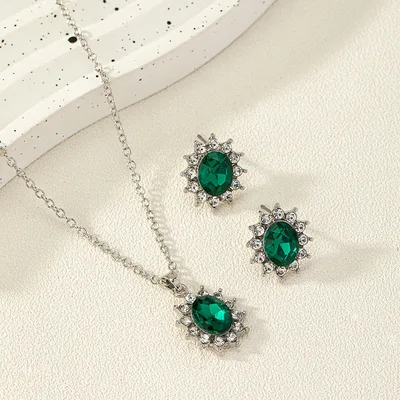 European And American Fashion SUNFLOWER Zircon Ear Stud Necklace Suit Green - Shop at LoveMi