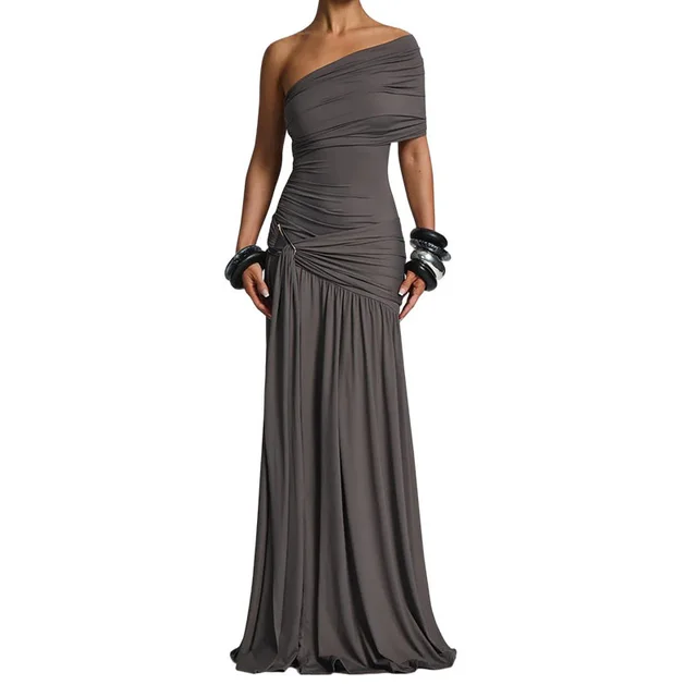 Solid Color Pleated Diagonal Collar Split Temperament Girdle Long Dress Gray - Shop at LoveMi
