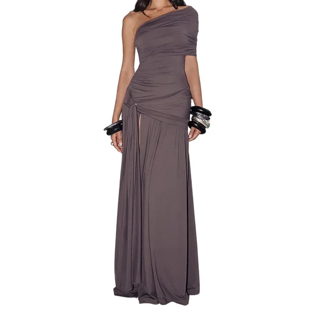 Solid Color Pleated Diagonal Collar Split Temperament Girdle Long Dress Purple - Shop at LoveMi