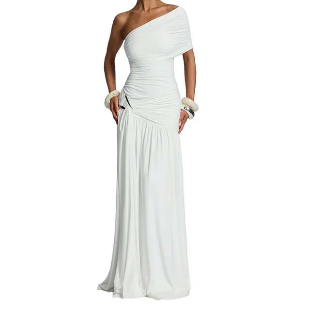 Solid Color Pleated Diagonal Collar Split Temperament Girdle Long Dress White - Shop at LoveMi