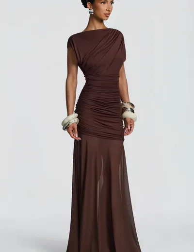 Mesh Stitching Long Dress Irregular Dress Brown - Shop at LoveMi