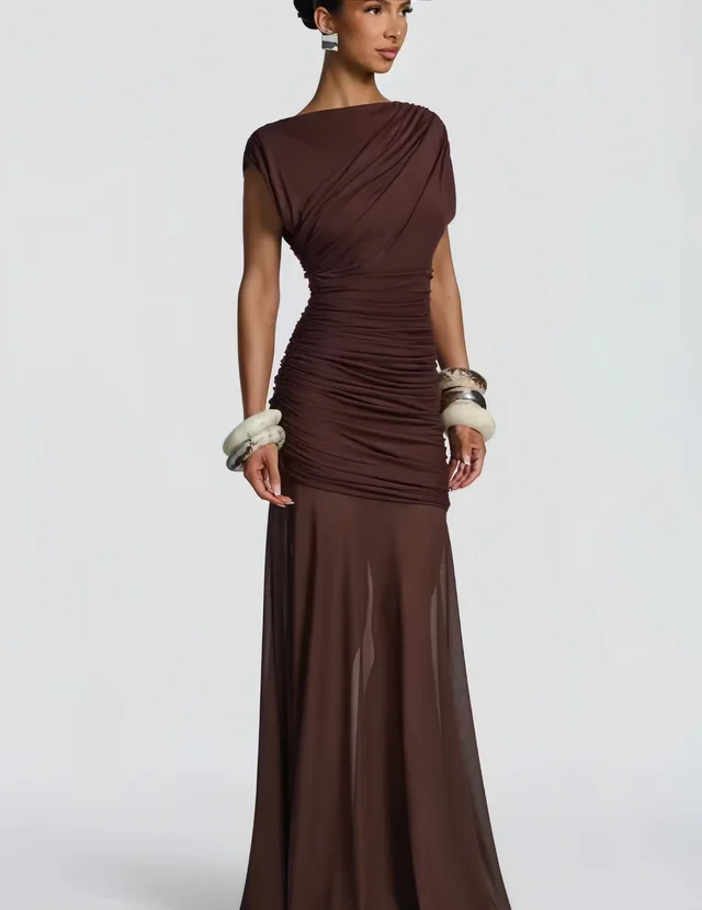 Mesh Stitching Long Dress Irregular Dress Brown - Shop at LoveMi