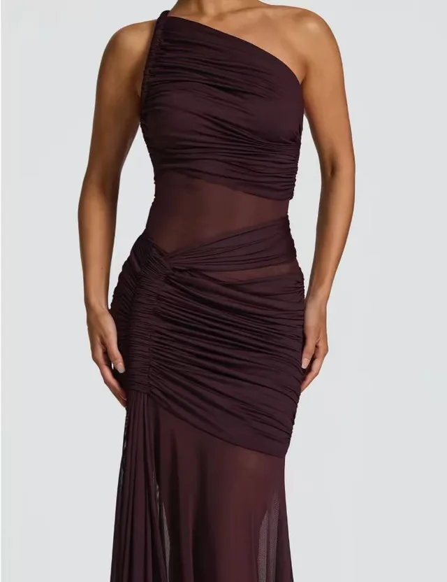 Europe And America Cross Border New Slant Shoulder See through Pleated Dress Brown - Shop at LoveMi