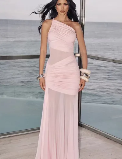 Europe And America Cross Border New Slant Shoulder See through Pleated Dress Pink - Shop at LoveMi