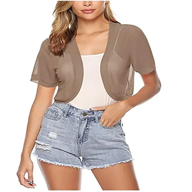 Solid Color Fashion Shorts Tulle Women's Shawl Top Khaki - Shop at LoveMi