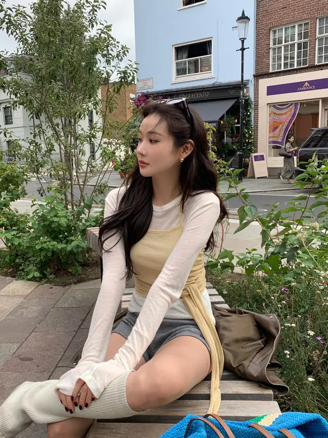 Solid Color Long Sleeve Bottoming T shirt Halter Strap Knitted Overall Dress Set Yellow Suit - Shop at LoveMi