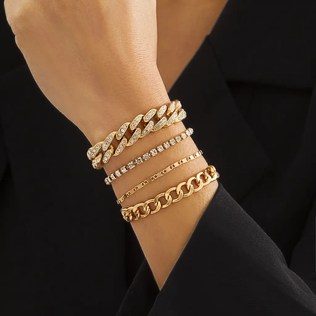 Retro Easy Matching Snake Bones Chain Bracelet Women's Simple Rhinestone Bracelet - Gold 1333