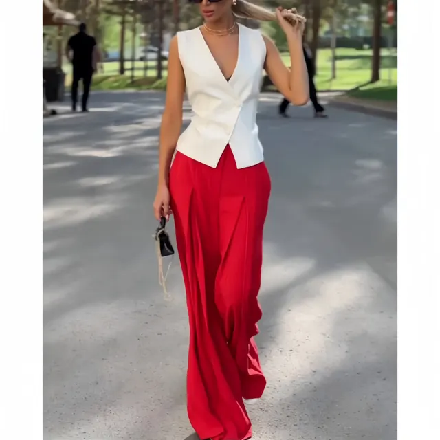 Women's Fashion Deep V neck Sleeveless Top High Waist Wide Leg Pants Two piece Set A517 Beige - Shop at LoveMi