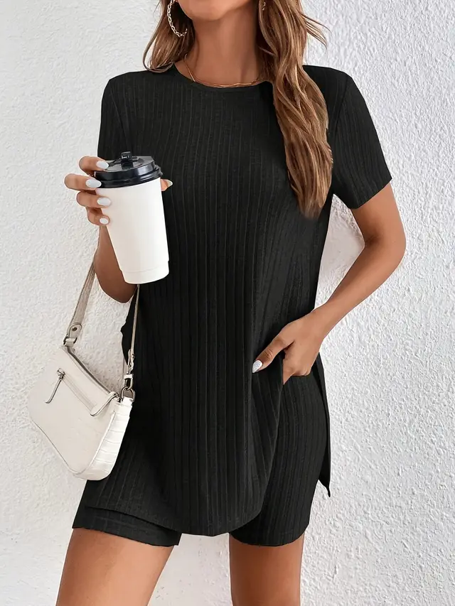 Fashion Casual Crew Neck Split Home Wear Short Sleeve Shorts Suit Black - Shop at LoveMi