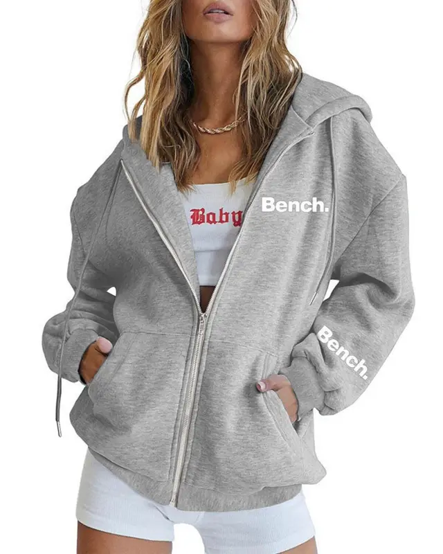 Letter Print Fashion Casual Zipper Sweater Coat Gray - Shop at LoveMi