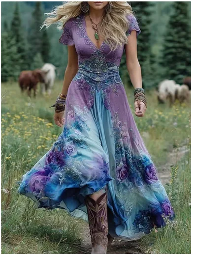 Women's Loose All match Creative Pattern Totem Deep V Short Sleeve Dress Blue - Shop at LoveMi