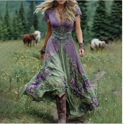 Women's Loose All match Creative Pattern Totem Deep V Short Sleeve Dress Green - Shop at LoveMi