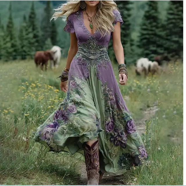 Women's Loose All-match Creative Pattern Totem Deep V Short Sleeve Dress - Green