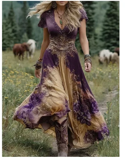 Women's Loose All match Creative Pattern Totem Deep V Short Sleeve Dress Purple - Shop at LoveMi