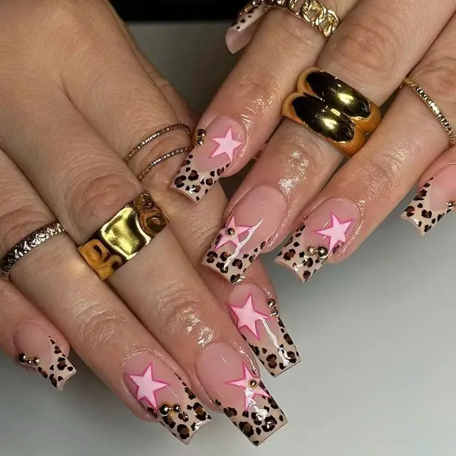 Wear Armor French Leopard Print Five pointed Star With Pearl Diamond Wear Manicure No Accessories - Shop at LoveMi