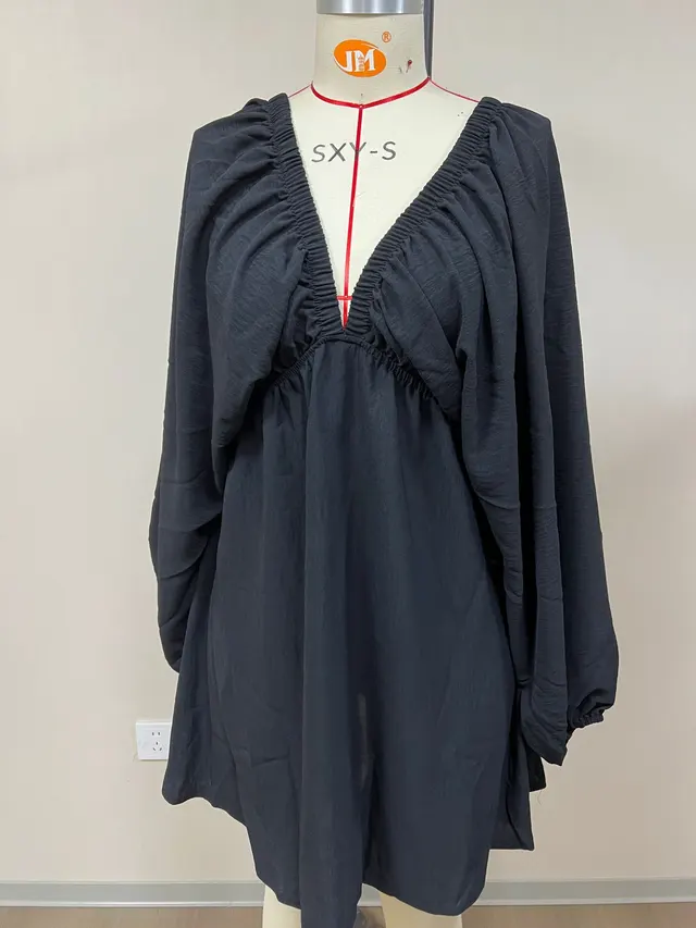 V neck Long sleeve Dress Self designed Puff Sleeve Swing Skirt Black - Shop at LoveMi